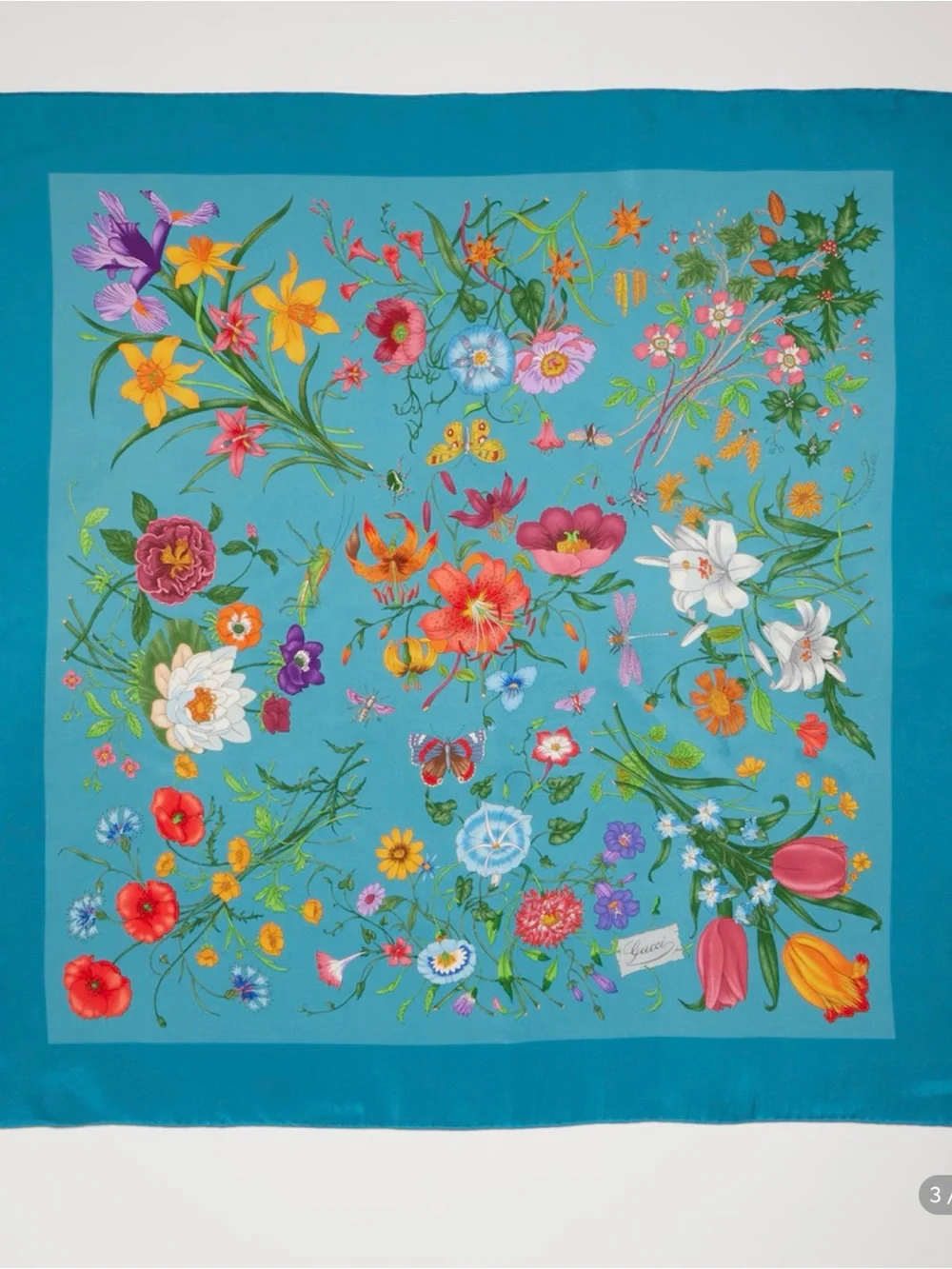 Authentic Gucci Printed silk twill carré Bright Turquoise Silk Floral Scarf